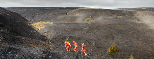 Firefighters tackle a large moorland fire in the Peak District during the summer of 2026;   📸 Alastair Johnstone-Hack / Climate Visuals