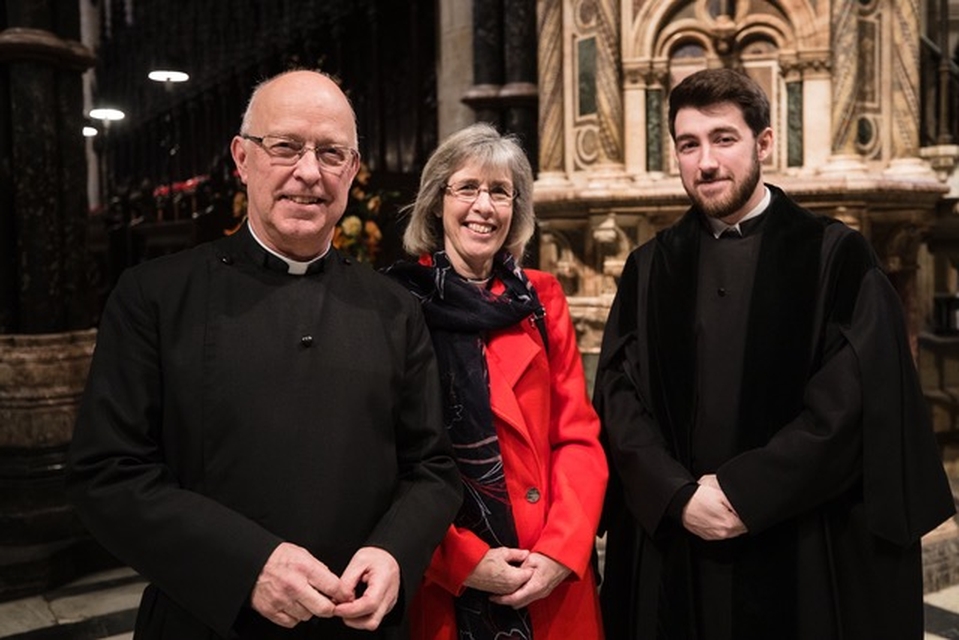 Ian, Ruth and Aidan Jagger in 2019 on Ian’s retirement, when Aidan led them out of the cathedral as verger (Photo: Keith Blundy)