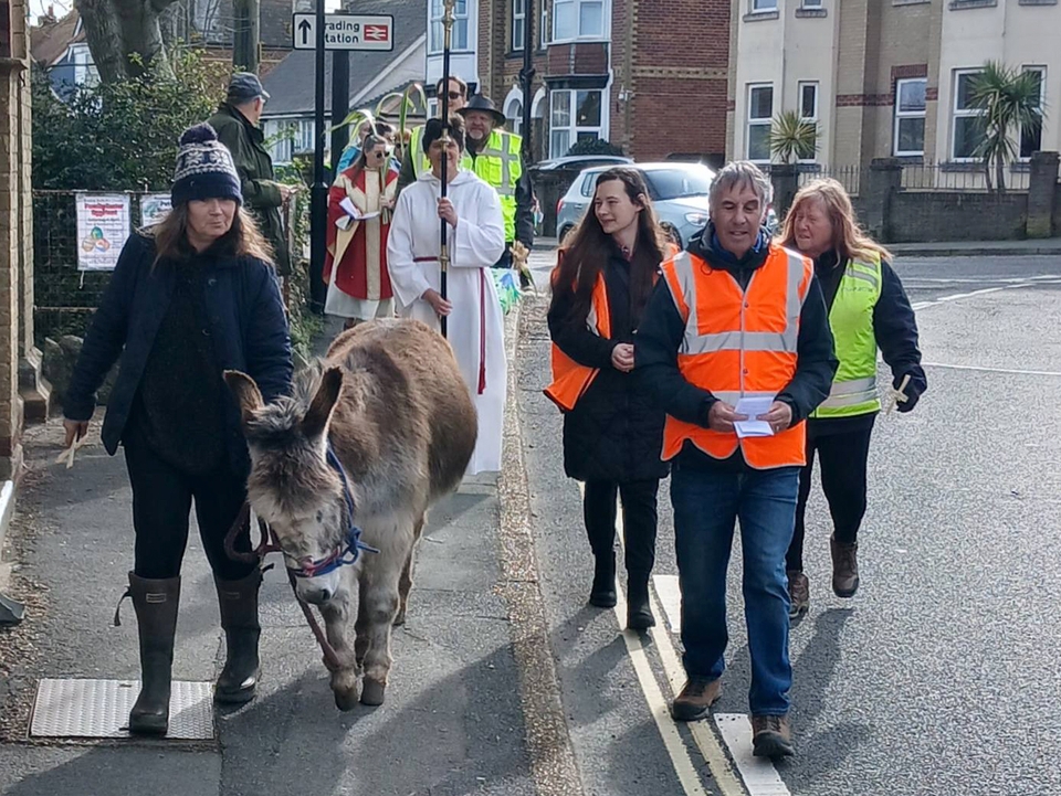 The donkey at the head of the Palm Sunday procession in Brading, organised by the Haven Churches on the Isle of Wight