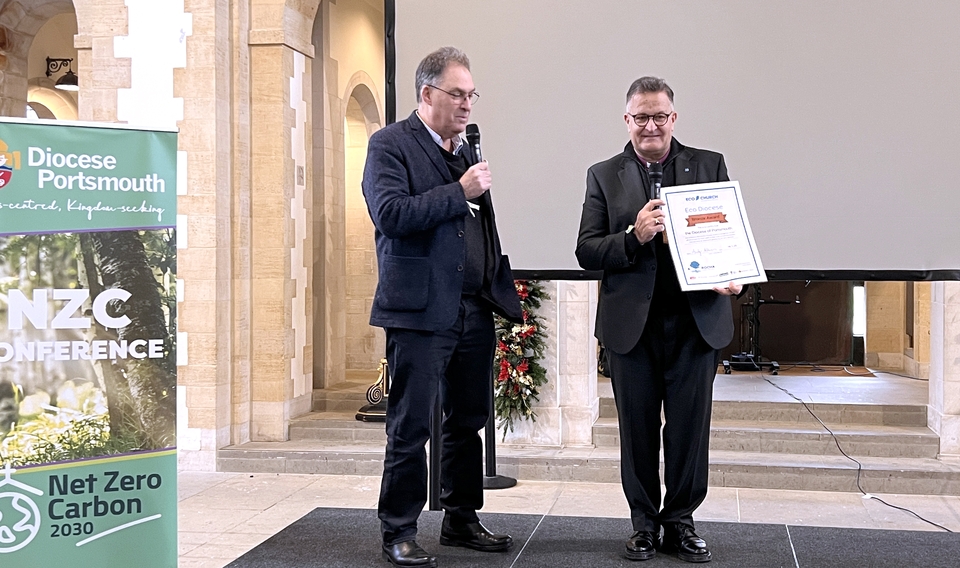 Bishop Jonathan receives the Bronze Eco Diocese award from Andy Atkins