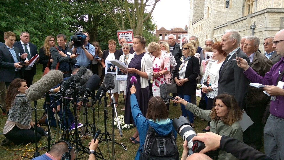 Relatives of those who died in Gosport War Memorial Hospital speak to the media outside Portsmouth Cathedral