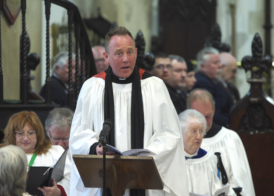 The Rev Chris Bradish leads the service for VE Day 80 at Newport Minster