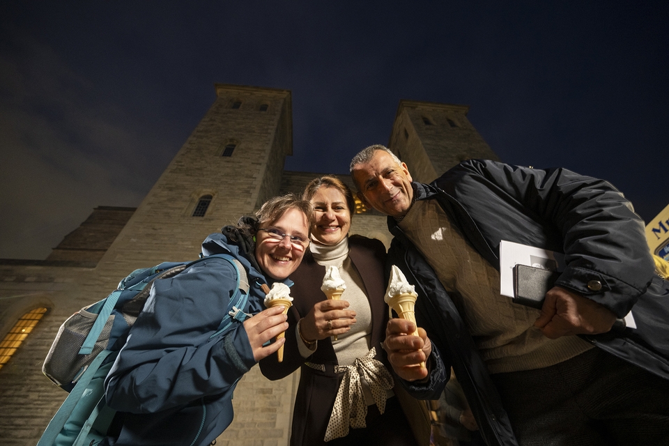 Enjoying ice-creams outside Portsmouth Cathedral