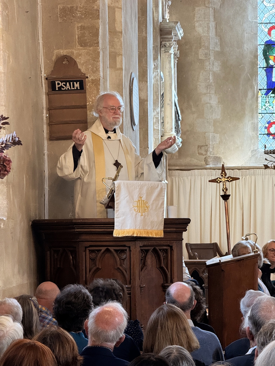 Former Archbishop Rowan Williams preaching in St Michael and All Angels Church, Chalton