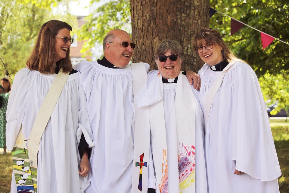 Three newly-ordained deacons with links to Church of the Good Shepherd, with the vicar the Rev Janette Smith