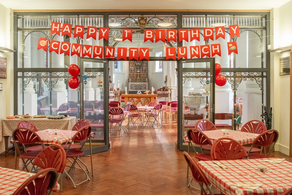 The decorated church interior for the one-year anniversary