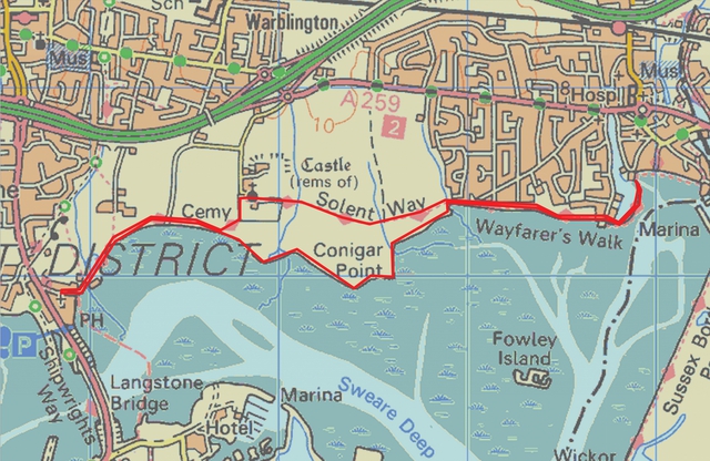 The route from Langstone to Emsworth and back via Warblington church