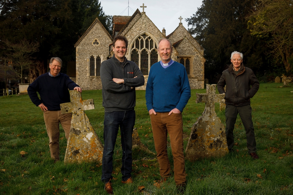 The Rev James Hunt with (left to right) churchwarden Simon Beloe, Caldera founder Guy Winstanley and fabric warden Richard Clark outside Church of the Blessed Mary, Upham