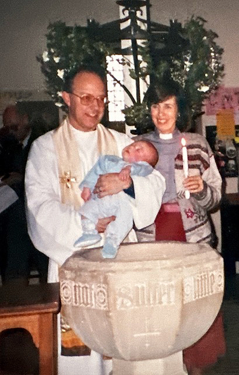 Ian, Ruth and Aidan Jagger at Aidan’s baptism